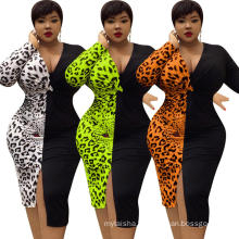 2019 Hot sale V neck patchwork leopard women Plus Size Elegant Dresses